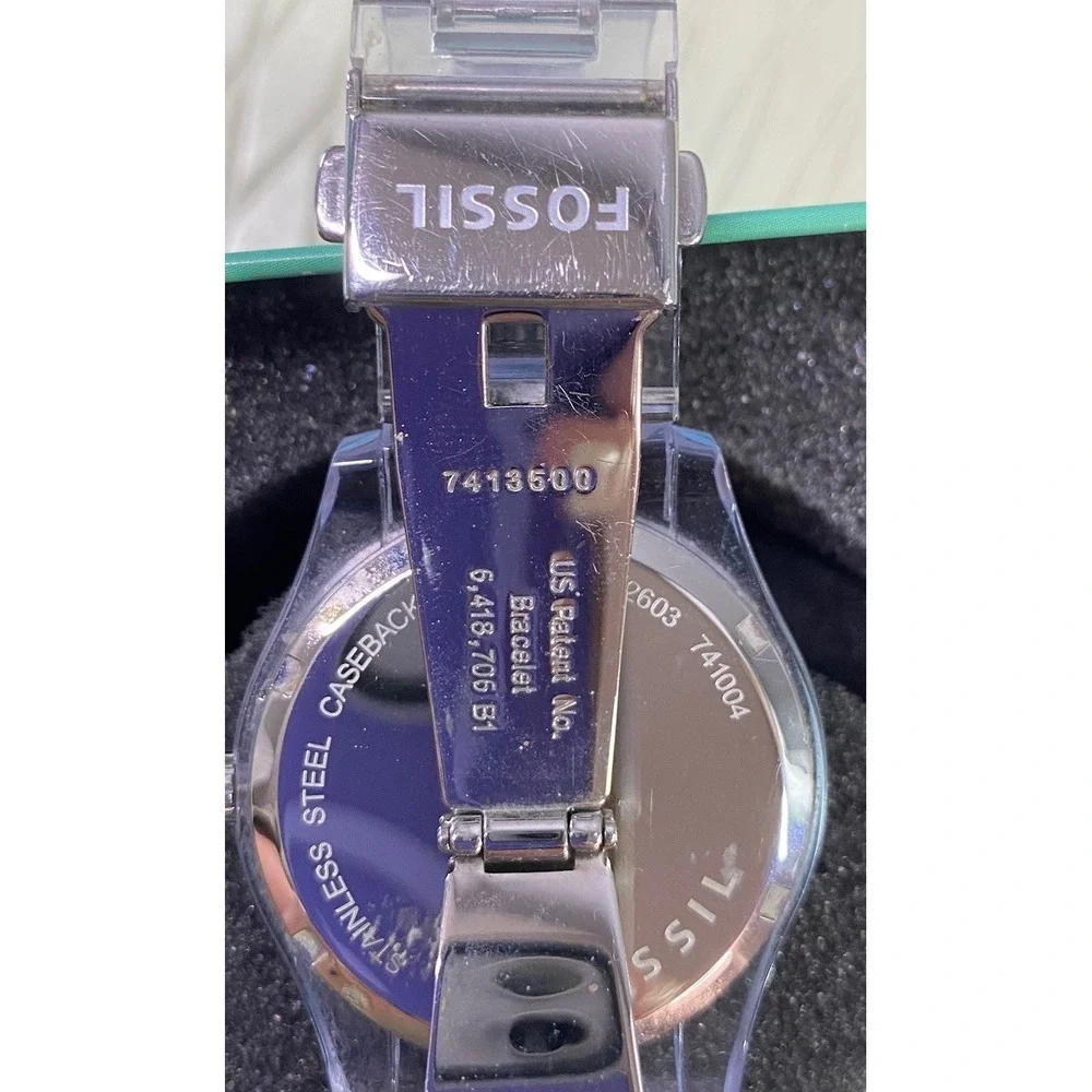 Fossil Womens ES2603 Watch Clear Strap W/Teal Blue Glitz Bezel Face Dazzle EUC